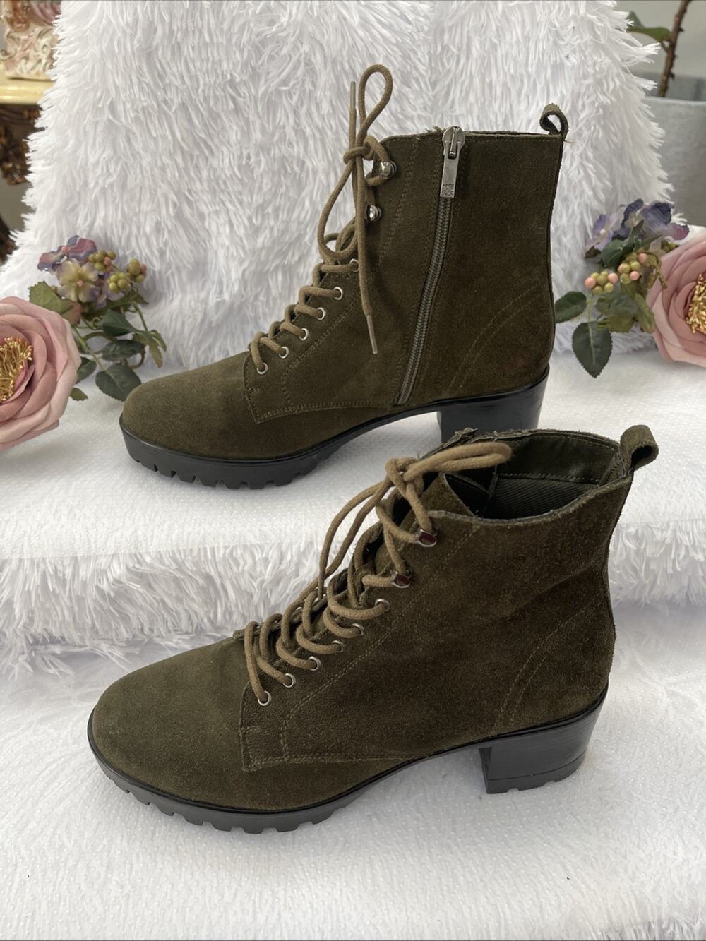 Anne Klein Olive Green Suede Lace Up Ankle Boots Women’s Size 9 Combat Boot